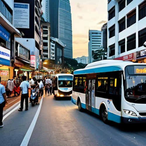 **

*   **Prompt:** A bustling Kuala Lumpur street scene. Modern, sleek buses with digital displays show real-time arrival information.  Small business storefronts are visible, with delivery scooters parked outside.  Show a mix of people, with a focus on diversity and activity.  Overall impression: efficient, modern, and economically vibrant.  Evening light.

**