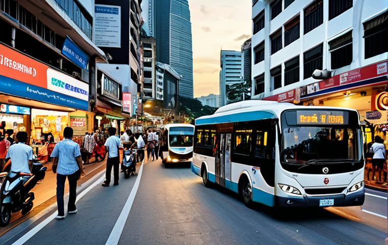 **
* **Prompt:** A bustling Kuala Lumpur street scene. Modern, sleek buses with digital displays show real-time arrival information. Small business storefronts are visible, with delivery scooters parked outside. Show a mix of people, with a focus on diversity and activity. Overall impression: efficient, modern, and economically vibrant. Evening light.
**