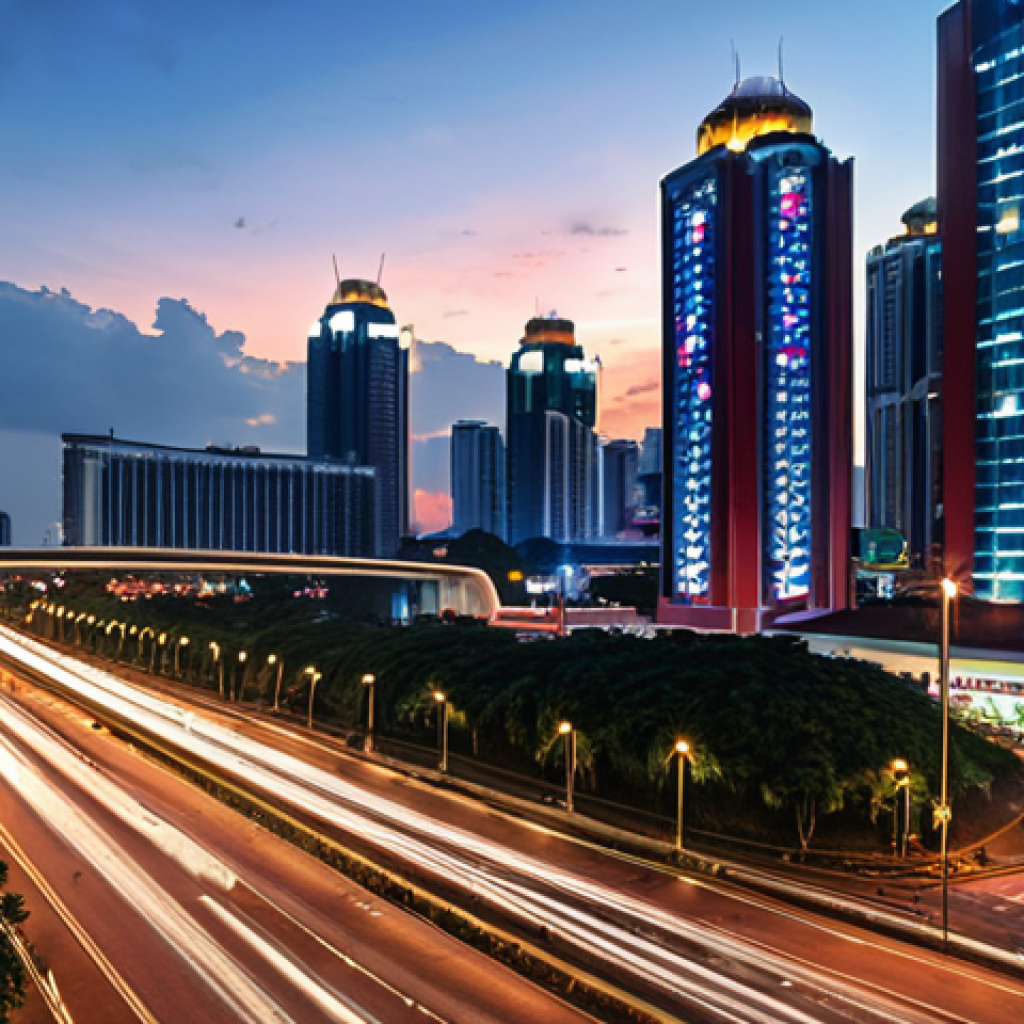**

A vibrant, modern smart city scene at dusk in Malaysia. Focus on elements like intelligent traffic management systems (e.g., smart traffic lights, real-time data displays), energy-efficient street lighting, and possibly electric vehicles. The scene should convey a sense of efficiency, connectivity, and sustainability. Include diverse residents enjoying the urban environment.

**