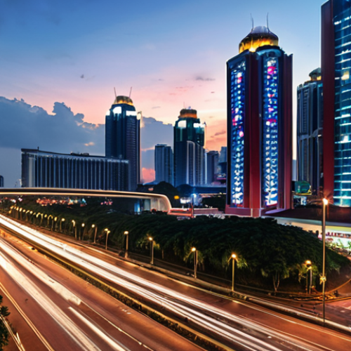 **

A vibrant, modern smart city scene at dusk in Malaysia. Focus on elements like intelligent traffic management systems (e.g., smart traffic lights, real-time data displays), energy-efficient street lighting, and possibly electric vehicles. The scene should convey a sense of efficiency, connectivity, and sustainability. Include diverse residents enjoying the urban environment.

**