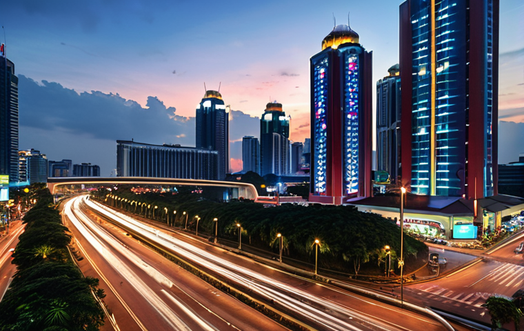 **
A vibrant, modern smart city scene at dusk in Malaysia. Focus on elements like intelligent traffic management systems (e.g., smart traffic lights, real-time data displays), energy-efficient street lighting, and possibly electric vehicles. The scene should convey a sense of efficiency, connectivity, and sustainability. Include diverse residents enjoying the urban environment.
**