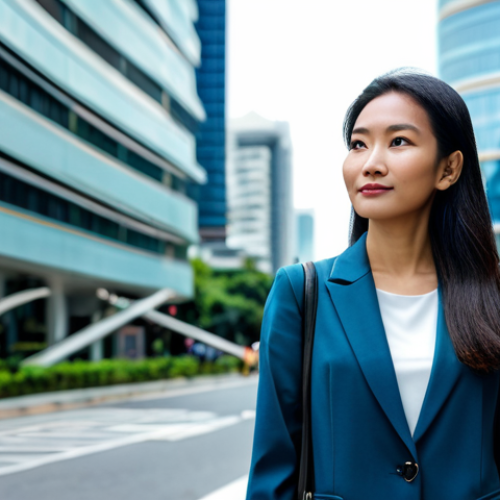 A professional Malaysian woman, fully clothed in a modest, contemporary business suit, stands confidently on a modern smart city street. Transparent digital data streams gracefully swirl around her, symbolizing the pervasive nature of IoT data collection, yet she appears secure and protected, embodying digital privacy. The background features blurred, advanced smart city infrastructure with subtle sensors. Safe for work, appropriate content, fully clothed, professional, perfect anatomy, correct proportions, natural pose, well-formed hands, proper finger count, natural body proportions, professional photography, high quality.