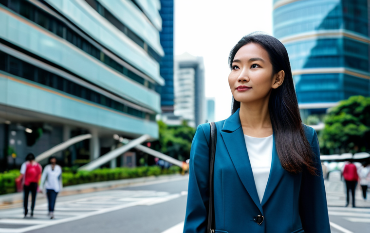 A professional Malaysian woman, fully clothed in a modest, contemporary business suit, stands confidently on a modern smart city street. Transparent digital data streams gracefully swirl around her, symbolizing the pervasive nature of IoT data collection, yet she appears secure and protected, embodying digital privacy. The background features blurred, advanced smart city infrastructure with subtle sensors. Safe for work, appropriate content, fully clothed, professional, perfect anatomy, correct proportions, natural pose, well-formed hands, proper finger count, natural body proportions, professional photography, high quality.