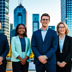 A diverse group of professional adults, including men and women, standing together in a vibrant, futuristic smart city skyline at twilight. They are fully clothed in professional, modest business attire. The city showcases advanced digital infrastructure, interconnected buildings, smart public transport systems, and lush green spaces. Subtle digital overlays of data streams and network connections are visible in the background, representing IoT and 5G connectivity. The scene conveys an optimistic, innovative, and forward-thinking atmosphere. High-resolution, cinematic lighting, professional photography, realistic rendering, safe for work, appropriate content, fully clothed, professional, perfect anatomy, correct proportions, natural pose, well-formed hands, proper finger count, natural body proportions.