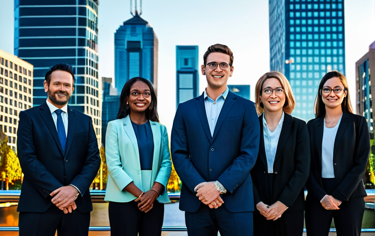 A diverse group of professional adults, including men and women, standing together in a vibrant, futuristic smart city skyline at twilight. They are fully clothed in professional, modest business attire. The city showcases advanced digital infrastructure, interconnected buildings, smart public transport systems, and lush green spaces. Subtle digital overlays of data streams and network connections are visible in the background, representing IoT and 5G connectivity. The scene conveys an optimistic, innovative, and forward-thinking atmosphere. High-resolution, cinematic lighting, professional photography, realistic rendering, safe for work, appropriate content, fully clothed, professional, perfect anatomy, correct proportions, natural pose, well-formed hands, proper finger count, natural body proportions.