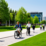 A diverse group of fully clothed individuals of varying ages, including adults and children, in modest and appropriate attire, enjoying leisurely activities like walking and cycling in a vibrant smart city park. The park features lush green spaces, modern pedestrian and cycling paths, and subtle integrated smart technology elements such as discreet real-time air quality monitors and solar-powered charging stations. Modern, sustainable city architecture is visible in the background under a clear sky. Perfect anatomy, correct proportions, natural pose, well-formed hands, proper finger count, natural body proportions. Professional photography, high quality, highly detailed, realistic, sharp focus. Safe for work, appropriate content, fully clothed, family-friendly.