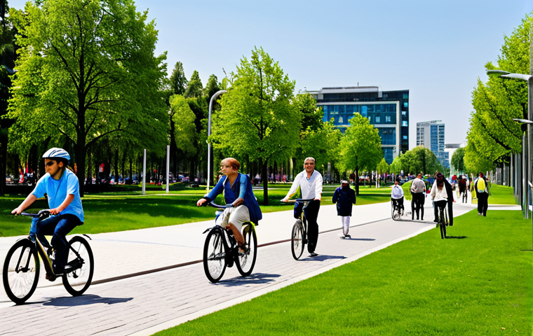 A diverse group of fully clothed individuals of varying ages, including adults and children, in modest and appropriate attire, enjoying leisurely activities like walking and cycling in a vibrant smart city park. The park features lush green spaces, modern pedestrian and cycling paths, and subtle integrated smart technology elements such as discreet real-time air quality monitors and solar-powered charging stations. Modern, sustainable city architecture is visible in the background under a clear sky. Perfect anatomy, correct proportions, natural pose, well-formed hands, proper finger count, natural body proportions. Professional photography, high quality, highly detailed, realistic, sharp focus. Safe for work, appropriate content, fully clothed, family-friendly.