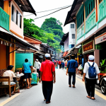 **

"A bustling street scene in Kuala Lumpur, featuring modern architecture blended with traditional shophouses. People are walking, fully clothed in modest attire, some wearing batik. Focus on a mamak stall serving teh tarik. Include lush greenery and vibrant colors. Safe for work, appropriate content, professional photography, perfect anatomy, natural proportions, high quality, family-friendly."

**