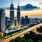 **Image Prompt:** A bustling Kuala Lumpur cityscape at dusk, showcasing modern architecture blended with green spaces, highlighting smart streetlights and electric buses, funded by a public-private partnership, fully clothed, appropriate content, safe for work, professional, modest, family-friendly, perfect anatomy, natural proportions, high quality.