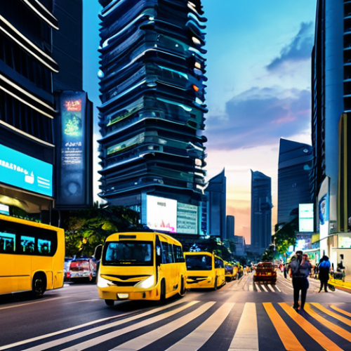 Smart City Management with IoT**

"A bustling Kuala Lumpur city street scene, showcasing smart sensors integrated into streetlights and buildings, monitoring air quality and traffic flow. People are going about their daily lives, using smartphones to access city data. Fully clothed, appropriate attire, safe for work, perfect anatomy, natural proportions, professional digital art, high quality, vibrant colors, family-friendly."

**